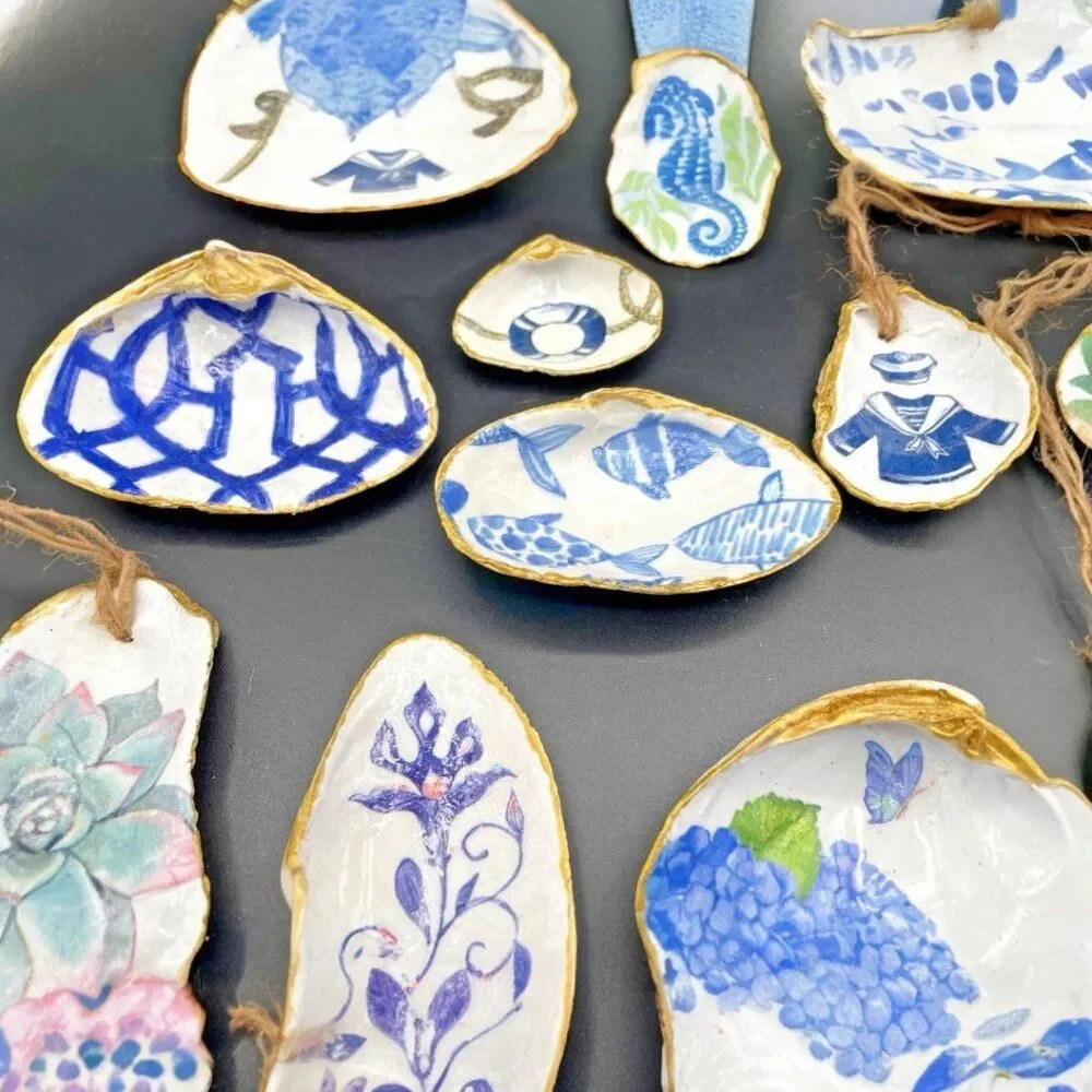 Decoupage Oyster Shell Ornament Decoupage Trinket Dish BLUE KITE